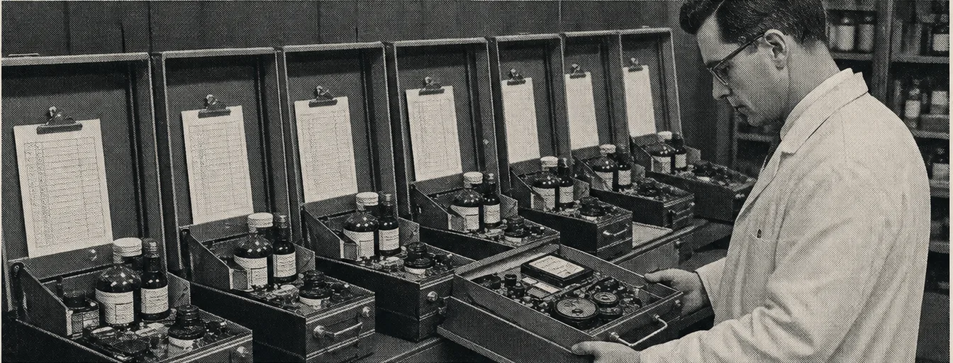 A 1950s laboratory attendant selecting one prepared instrument kit from a row of identical ready stations.